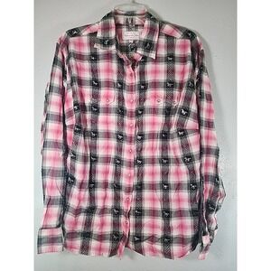 Panhandle Slim Shirt Womens 2XL Pink Black Silver Plaid Sikver Horses Pearl Snap